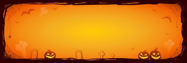 Cadılar Bayramı gecesi arka planında yarasalar ve Jack O 'Lanternler var. Metnin için yer alan vektör poster illüstrasyonu.