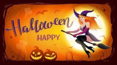 Ay 'la Cadılar Bayramı gecesi geçmişi ve süpürge sapında seksi kızıl saçlı cadı, yarasalar ve Jack O' Lanternler. Gece arkaplanında gülümseyen balkabakları olan vektör posteri çizimi.