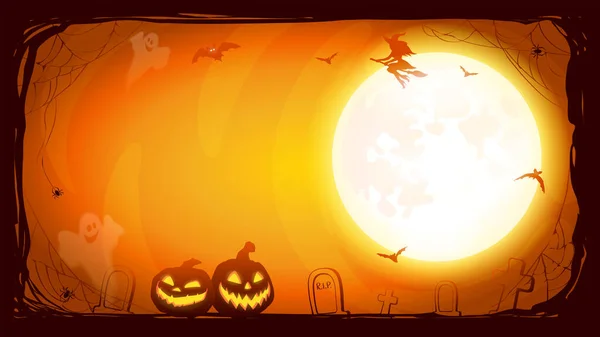 Halloween Éjszakai Háttér Moon Boszorkány Egy Seprűnyélen Denevérek Jack Lanterns — Stock Vector