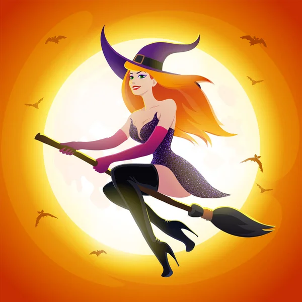 Halloween Nacht Hintergrund Mit Mond Und Rotschopf Sexy Hexe Auf — Stockvektor