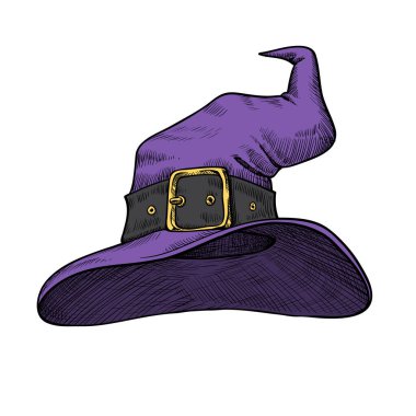 Cadılar Bayramı için klasik illüstrasyon. Bir cadının sivri uçlu şapkasının el çizimi. Vektör illüstrasyonu.