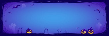 Cadılar Bayramı gecesi arka planında yarasalar ve Jack O 'Lanternler var. Metnin için yer alan vektör poster illüstrasyonu.