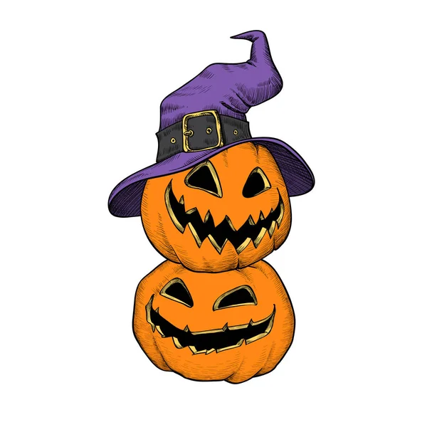 Klasyczna Ilustracja Halloween Ręcznie Narysowany Szkic Kapelusza Wiedźmy Dyni Ilustracja — Wektor stockowy