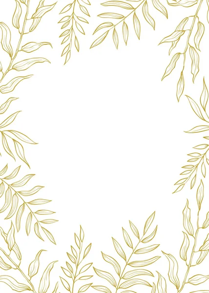草本混合矢量框架在线条风格 手画植物 树枝和叶子在白色背景 天然绿叶卡设计 着色框 — 图库矢量图片