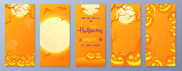 Joyeux Modèle Histoires Halloween Pour Téléphone Carte Visite Avec Citrouilles — Image vectorielle