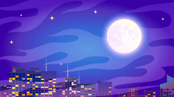 Vector Illustration Panorama City Fog Background Blue Night Sky Stars — Stock Vector