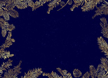 Noel Posteri - İllüstrasyon. Yılbaşı ağacının dalları ve altın elementlerle Noel Arkaplanı 'nın vektör çerçevesi.
