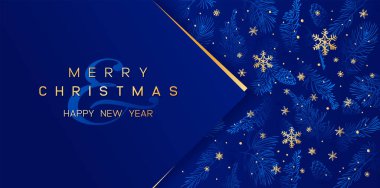 Mavi çam dalları ve koyu mavi arka planda altın kar taneleri olan bir Noel kartı. Yeni yıl illüstrasyonu. Kış afişi tasarımı.