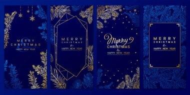 Noel posteri. Noel ağacının dalları ve altın elementlerle Noel Arkaplanı 'nın temsilcisi. Telefon için Noel şablonu. Hikaye daveti.