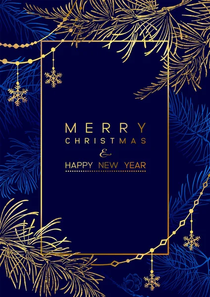 Poster Natale Con Rami Pino Sfondo Blu Scuro Illustrazione Nuovo — Vettoriale Stock