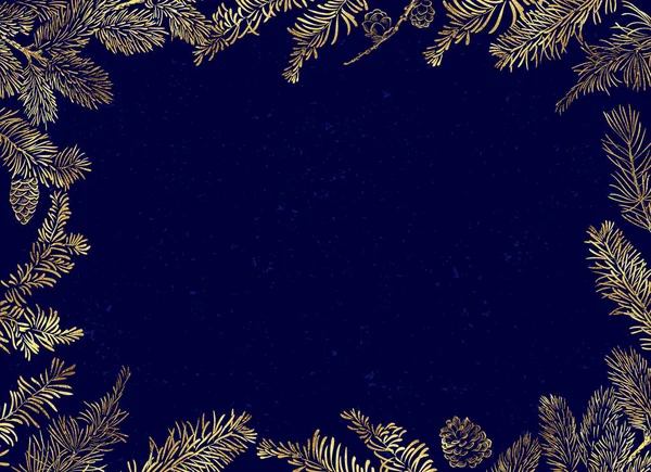 クリスマスポスター イラスト クリスマスツリーと黄金の要素の枝を持つベクトル水平フレーム — ストックベクタ