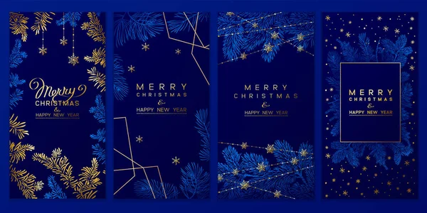Набір Різдвяних Плакатів Векторна Ілюстрація Різдвяного Фону Гілками Ялинки Золотими Ліцензійні Стокові Вектори