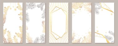 Noel posteri. Noel ağacının dalları ve altın elementlerle Noel Arkaplanı 'nın temsilcisi. Telefon için Noel şablonu. Hikaye daveti.