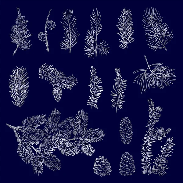Набір Векторних Різдвяних Срібних Гілок Шишок Текстурою Фольги Різдвяна Колекція — стоковий вектор