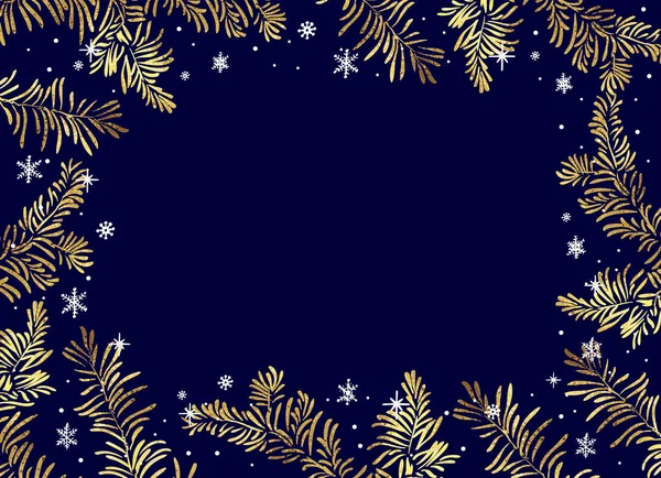クリスマスポスター イラスト クリスマスのベクトル水平フレーム黄金のクリスマスツリーと雪の塊の枝を持つ背景 — ストックベクタ