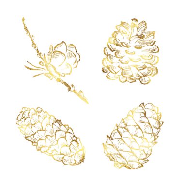 Beyaz arkaplanda izole edilmiş altın folyo desenli Vektör Noel konileri..