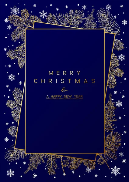 Weihnachtsposter Mit Goldenen Kiefernzweigen Auf Dunkelblauem Hintergrund Illustration Zum Neuen — Stockvektor