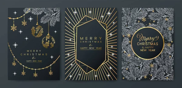 Рождественский Плакат Векторная Иллюстрация Темного Фона Ветвями Елки Золотыми Элементами — стоковый вектор