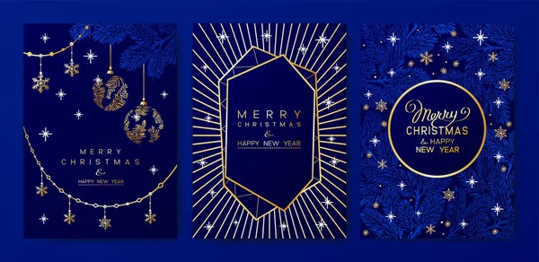 Vánoční Plakát Vektorová Ilustrace Modré Pozadí Větvemi Vánočního Stromku Zlatými Royalty Free Stock Ilustrace