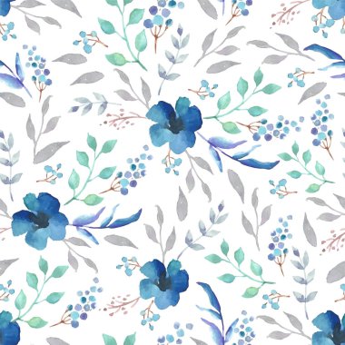 Mavi çiçekli, pürüzsüz bir suluboya desen. Çiçek arkaplan tasarımı.