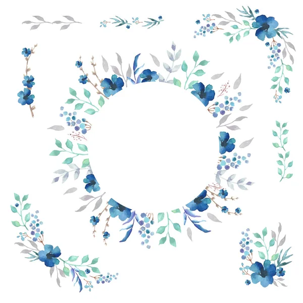 Floral Frame Kollektion Set Von Niedlichen Blauen Aquarellrahmen Perfekt Für — Stockvektor