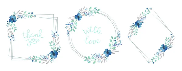 花框收藏 一套可爱的蓝色水彩画框架非常适合婚宴请柬和生日贺卡 — 图库矢量图片