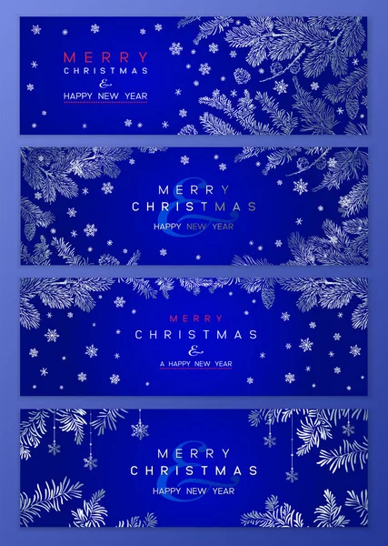 Vánoční Plakát Set Borovicemi Tmavomodrém Pozadí Novoroční Ilustrace Zimní Horizontální Royalty Free Stock Ilustrace
