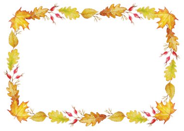 Bitkisel yatay vektör çerçevesi. Suluboya bitkiler ve beyaz arka planda yapraklar. Tatil, kutlama ve davetiye için doğal sonbahar tasarımı.