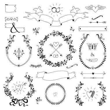 Çiçek düğün retro küme. Oklar, kalp, defne, kuşlar, çelenk, kurdeleler. Kullanılabilir Tarih, anneler günü, Sevgililer günü, doğum günü kartları.