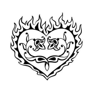 Siyah beyaz dekoratif kalp taşıyıcısı. Kart tasarımı veya dövme için yaratıcı el çizimi kalp