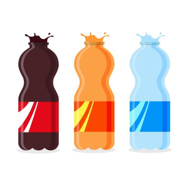 Plastik şişelerde soda ve su sıçraması. Tatlı köpüklü su. Farklı aromalı karbonatlı alkolsüz su. Renkli ambalajlarda içecekler. Vektör çizim şablonu izole edildi.
