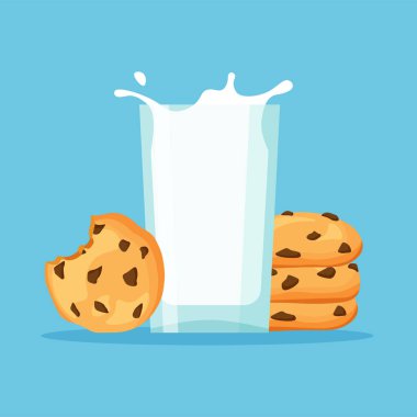 Bir bardak süt ve çikolatalı kurabiyeler. Mavi arkaplanda vektör illüstrasyonu izole edildi