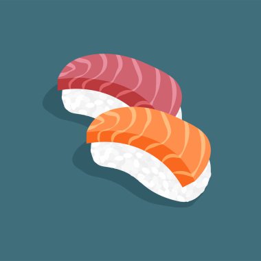Japon somonu ve ton balığı suşisi. Çiğ balık ve pilav. Geleneksel Asya yemekleri. Moda düz biçimdeki vektör illüstrasyonu izole edildi.