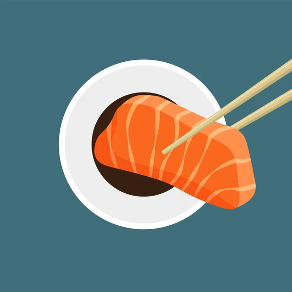 사시미 생선을 젓가락을 간장에 담근다 아시아 음식이다 배경에 트렌디 스타일의 — 스톡 벡터