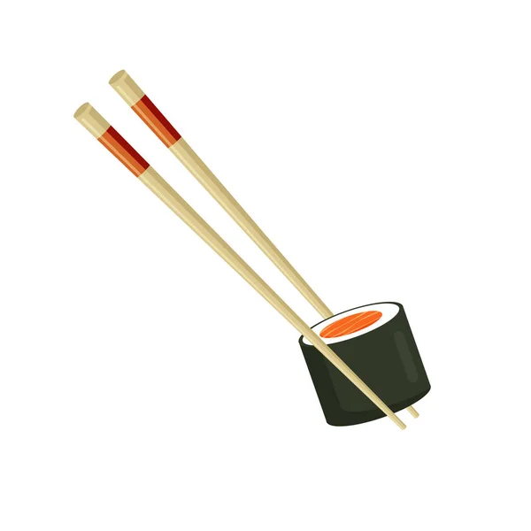 鲑鱼寿司卷 拿着日本鱼盘的筷子 传统的亚洲海产食品 餐厅海报 在白色背景上孤立的流行平板风格的矢量插图 — 图库矢量图片