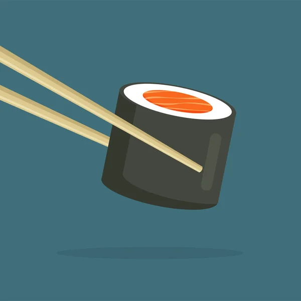 鲑鱼寿司卷 拿着日本鱼盘的筷子 传统的亚洲海产食品 餐厅海报 用流行平板式孤立的矢量图解 — 图库矢量图片