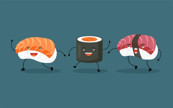 Sushi Salmon Jepang Dan Maki Menggulung Karakter Lucu Kartun Mentah - Stok Vektor