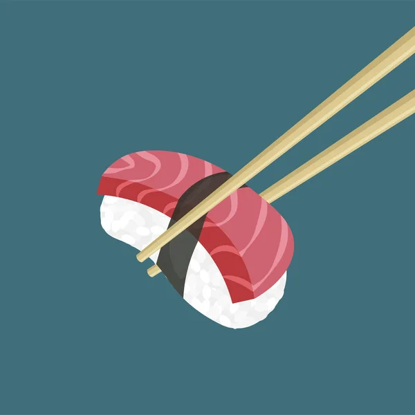 Japanese Tuna Sushi Chopsticks Holding Raw Sliced Fish Rice Traditional — Stock Vector