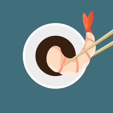 Kabuksuz karides yakın çekim. Soya sosuna batırılmış karides tutan çubuklar. Haşlanmış veya ızgara karides. Geleneksel Asya yemekleri. Moda düz biçimdeki vektör illüstrasyonu izole edildi.