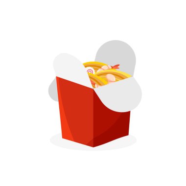 Karidesli doğu eriştesi. Geleneksel Asya eriştesi. Kore ve Japon yemekleri. Götürün. Çin mutfağı. Beyaz arkaplanda izole edilmiş modayı gösteren vektör illüstrasyonu.