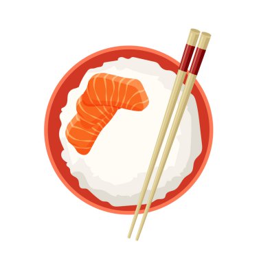 Pirinç ve somon parçaları kırmızı bir kasede çubuklarla. Üst Manzara. Doğu yemeği. Geleneksel Asya yemekleri. Beyaz arkaplanda izole edilmiş modayı gösteren vektör illüstrasyonu.