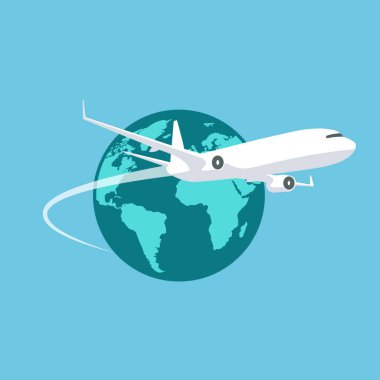 Plane flies around the Earth. Airplane trace. International transportation. Vector illustration in trendy flat style isolated on blue background.