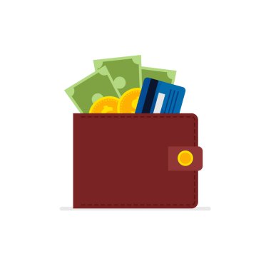 Money wallet full of cash, credit card and coins. Brown purse icon for bank, finance, investment. Dollar banknote. Vector illustration isolated on white background.