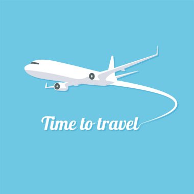 Flying plane in the sky. Time to travel. Airplane trace in trendy flat style isolated on blue background. International transportation. Vector illustration.