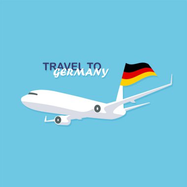 Flying plane in the sky with germany national flag. Travel to Germany. Vector illustration poster in trendy flat style.