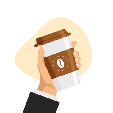 Hand holds coffee cup in trendy flat style. Design element for your advertisement. Drink take away template. Vector illustration.