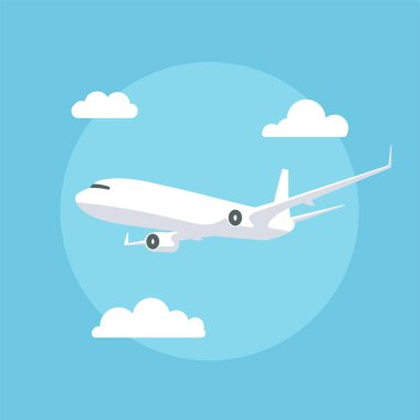 Flying plane in the cloudy sky. Airplane illustration in trendy flat style isolated on blue background. International transportation.