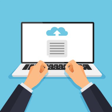 Uploading and transfer files. Man working on a computer. Cloud storage. Download process. Vector illustration.