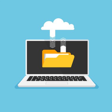 Uploading and transfer files to computer. Cloud storage. Download process. Vector illustration isolated.