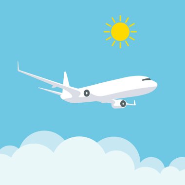 Flying plane in the cloudy sky. Airplane illustration in trendy flat style isolated on blue background. International transportation.